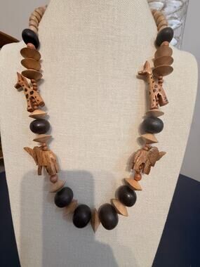 Vintage 26” Safari Animal Wood Bead Statement Necklace